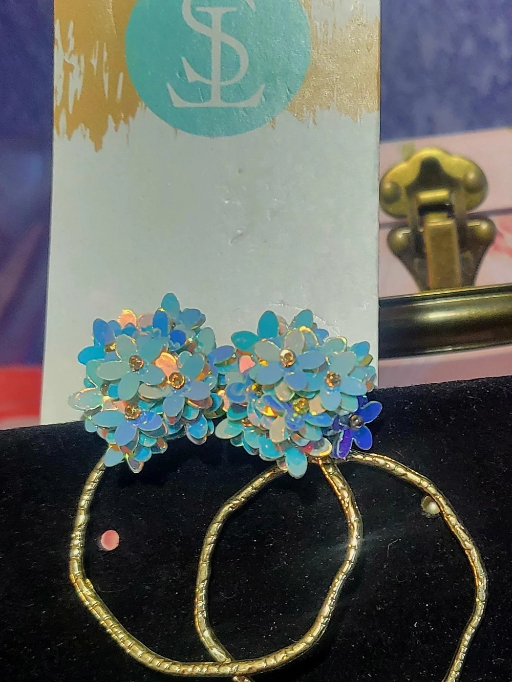 Josephines Blue Sequin Floral Bouquet Hoop Earrings | Iridescent 3D Flower Drops